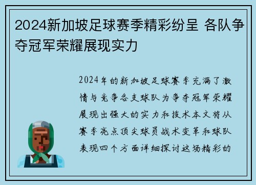 2024新加坡足球赛季精彩纷呈 各队争夺冠军荣耀展现实力