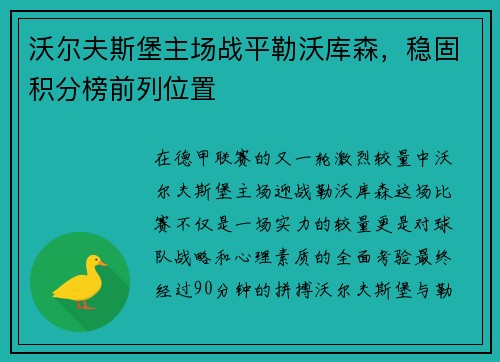 沃尔夫斯堡主场战平勒沃库森，稳固积分榜前列位置