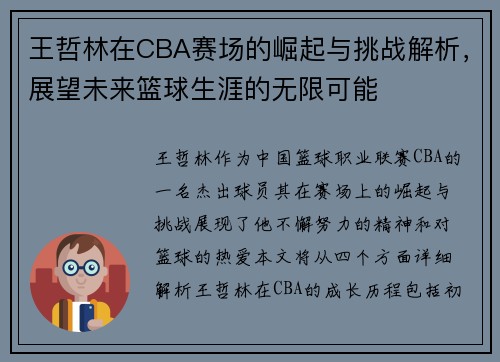王哲林在CBA赛场的崛起与挑战解析，展望未来篮球生涯的无限可能