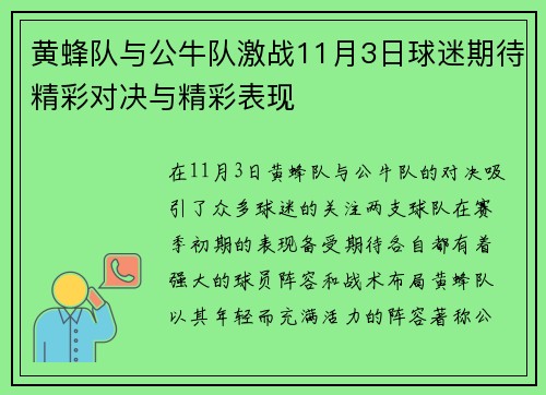 黄蜂队与公牛队激战11月3日球迷期待精彩对决与精彩表现