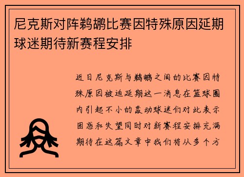 尼克斯对阵鹈鹕比赛因特殊原因延期球迷期待新赛程安排