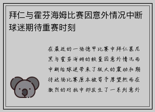 拜仁与霍芬海姆比赛因意外情况中断球迷期待重赛时刻
