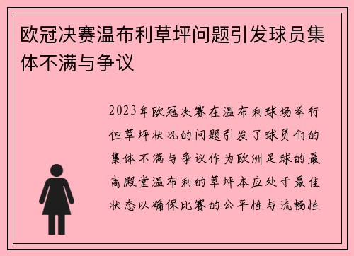 欧冠决赛温布利草坪问题引发球员集体不满与争议