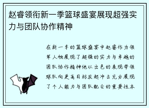 赵睿领衔新一季篮球盛宴展现超强实力与团队协作精神