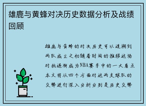 雄鹿与黄蜂对决历史数据分析及战绩回顾