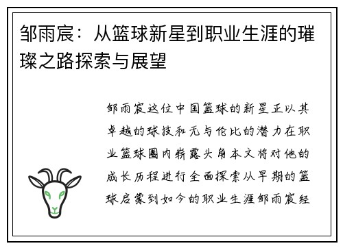 邹雨宸：从篮球新星到职业生涯的璀璨之路探索与展望