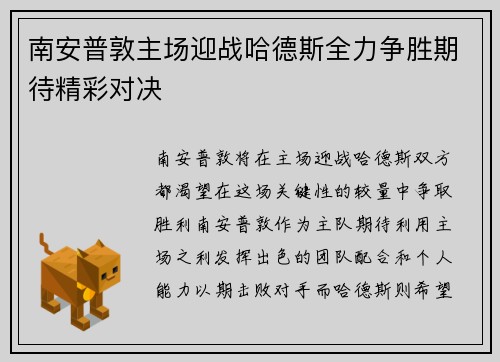 南安普敦主场迎战哈德斯全力争胜期待精彩对决