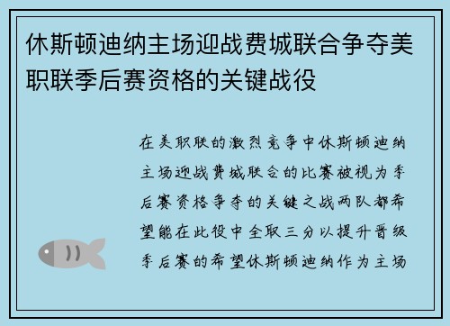 休斯顿迪纳主场迎战费城联合争夺美职联季后赛资格的关键战役