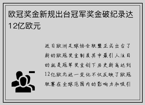 欧冠奖金新规出台冠军奖金破纪录达12亿欧元